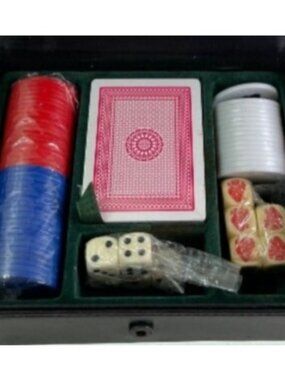 Vintage Poker Game Set in Black Leather Case Chips 2 New Card Decks 2- Dice Sets